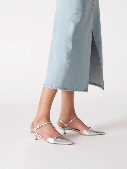 Topshop Etta premium leather pinched toe mid heel pumps in silver | ASOS